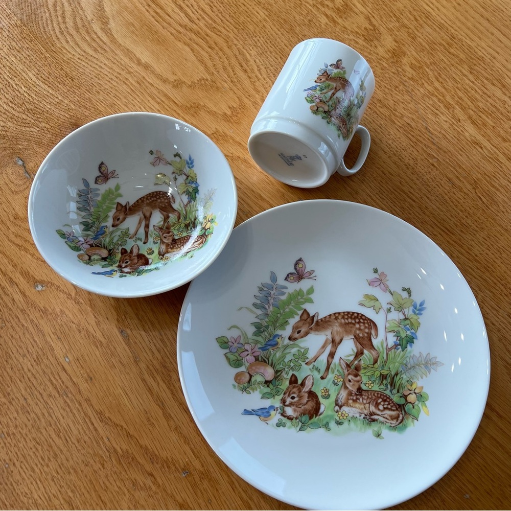 Vintage child's dish set made by Kaiser, featuring a deer and bunnies design.
